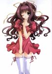  brown_eyes duplicate hair_ribbon kimizuka_aoi one_eye_closed ribbon skirt skirt_tug solo thighhighs zettai_ryouiki 