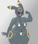 abs anthro big_breasts bikini black_eyes breasts clothing ear_markings eeveelution eyelashes facial_markings female flexing flexing_bicep forehead_markings front_view fur generation_2_pokemon grey_background grey_body grey_fur grey_nose grey_pubes head_markings hi_res looking_at_viewer markings muscular muscular_female navel nintendo pincparti pokemon pokemon_(species) pube_peek pubes red_sclera simple_background smile solo swimwear thick_thighs two-piece_swimsuit umbreon white_bikini white_clothing white_swimwear wide_hips yellow_markings