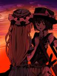  bad_id bad_pixiv_id belt blonde_hair brown_hair buckle cowboy_shot fedora from_behind hat koto_suomi long_hair long_sleeves maribel_hearn mob_cap multiple_girls orange_sky puffy_short_sleeves puffy_sleeves short_hair short_sleeves sky sunset touhou usami_renko very_long_hair 