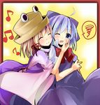  blush cheek_pinching cirno hat moriya_suwako multiple_girls musical_note one_eye_closed pinching spoken_squiggle squiggle touhou yuita 