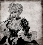  agasang beatrice bow bowtie breasts collarbone detached_collar grey_background greyscale kiseru large_breasts long_sleeves looking_at_viewer monochrome open_mouth pipe puffy_long_sleeves puffy_sleeves simple_background smirk solo umineko_no_naku_koro_ni underbust upper_body 