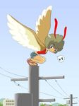  antennae eighth_note feathered_wings feathers harpy kabiinyo_(kab) midriff monster_girl musical_note o3o original power_lines sandals short_hair short_shorts shorts solo speech_bubble spoken_musical_note whistling wings 