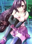  brown_hair earring earrings elbow_gloves gloves jewelry long_hair purple_hair smile stocking thighhighs 