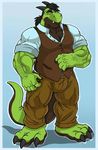  amber_eyes anthro arody barefoot belly biceps big_muscles black_hair black_horns black_scales blue_background brown_skin bulge chubby claws clothing drag_(character) dragon fangs green_dragon green_scales green_skin grin hair hairy hindpaw horn jacket looking_at_viewer male muscles mutant_serpentina pants paws pecs plain_background ponytail pose reptile scales scalie shirt smile solo standing tight_clothing toe_claws toes trousers waistcoat yellow_eyes 