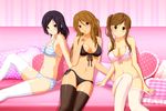  black_bra black_eyes black_hair black_legwear black_panties blush bra breasts brown_eyes brown_hair cleavage couch extra front-tie_top heart heart_pillow k-on! lingerie long_hair medium_breasts multiple_girls navel okada_haruna panties pillow pink_legwear polka_dot polka_dot_bra revision satou_akane shian_(my_lonly_life.) short_hair side-tie_panties side_ponytail sitting smile striped striped_bra striped_panties tachibana_himeko thighhighs underwear underwear_only white_legwear 