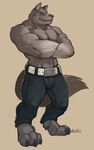  ano anthro belt biceps big_muscles blue_eyes brown_background brown_nose bulge canine claws clothed clothing crossed_arms fangs fur grey_fur grin half-dressed looking_at_viewer male mammal muscles pants pecs plain_background pose redic-nomad smile solo standing teeth toe_claws toned topless vein wolf 
