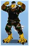  anthro arody avian bald_eagle barefoot beak belt biceps bird blue_background brown_body brown_feathers bulge camo clothing dog_tags eagle fangs feathers flexing grin hat jacket male muscles mutant_serpentina open_shirt pants pecs plain_background pose shirt smile solo talons tank_top teeth tight_clothing toned trousers vest white_feathers yellow_eyes 