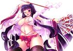  arm_up bad_id bad_pixiv_id black_hair black_legwear blush breasts gohei hair_tubes hakama highres hime_cut holding japanese_clothes large_breasts long_hair miko navel ofuda one_eye_closed open_mouth original purple_eyes red_hakama simple_background skirt solo thighhighs torn_clothes torn_hakama white_background x.x 