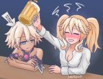  2girls alcohol alternate_costume arm_up bare_shoulders beer beer_mug breasts cleavage collared_shirt commentary croire dark_skin detached_sleeves drunk endlesstsubaki english_commentary english_text eyes_closed frown hair_between_eyes histoire long_hair looking_at_another medium_hair multiple_girls neptune_(series) no_wings open_mouth shin_jigen_game_neptune_vii shirt short_hair signature smile twintails white_shirt 