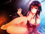  bare_shoulders barefoot black_hair breasts cleavage collarbone cum cum_on_body cum_on_breasts cum_on_hair cum_on_lower_body cum_on_upper_body flower hair_flower hair_ornament hair_ribbon hime_cut hinohoshi_ataru japanese_clothes kimono large_breasts long_hair off_shoulder original ribbon solo tree 