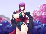  &gt;:) armpits bare_shoulders black_gloves breasts cherry_blossoms cleavage detached_sleeves fan fingerless_gloves folding_fan gloves haganef hand_on_hip happy_birthday highres japanese_clothes kouzuki_yuuko lace lace-trimmed_thighhighs large_breasts long_hair long_sleeves looking_at_viewer muvluv ninja obi petals purple_hair red_eyes revealing_clothes sash sideboob single_thighhigh smile solo_focus thighhighs translation_request underboob v-shaped_eyebrows white_legwear wide_sleeves 