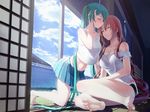  2girls adjusting_hair architecture bangs bare_legs bare_shoulders barefoot black_bra black_panties blue_sky blush bow bra breasts cleavage closed_eyes cloud couple crop_top dated day doorway east_asian_architecture feet forehead_kiss green_hair hair_ribbon hair_tucking hatsune_miku highres indoors kiss kneeling lace lace-trimmed_panties leaning_forward light_rays long_hair medium_breasts megurine_luka midriff miniskirt multiple_girls navel number off_shoulder okingjo on_floor panties parted_lips pink_hair pleated_skirt red_hair ribbon see-through shadow shouji signature sitting skirt sky sleeping sliding_doors soles sunbeam sunlight tank_top tattoo twintails underwear very_long_hair vocaloid wall wind_chime wooden_floor yuri 