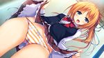  blush game_cg kizuna_(reminiscence) orange_hair panties reminiscence seifuku skirt skirt_lift striped_panties tomose_shunsaku underwear 