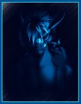  anthro biceps blue_dragon blue_theme cigarette fayne_of_fur fur grin hair horn lighter looking_at_viewer male monochrome muscles pecs schism smoking solo zippo 