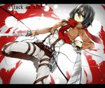  bad_id bad_pixiv_id belt black_hair blood buckle copyright_name dual_wielding emblem holding jacket letterboxed long_sleeves mikasa_ackerman paradis_military_uniform scarf shingeki_no_kyojin short_hair solo suurin_(ksyaro) sword thigh_strap three-dimensional_maneuver_gear weapon 