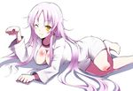  ;3 barefoot bell blush body_blush breasts choker cleavage earrings feet jewelry jingle_bell k_(anime) large_breasts long_hair naked_shirt neko_(k) one_eye_closed ookami_maito paw_pose pink_hair shirt smile solo very_long_hair yellow_eyes 