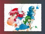  bag blue_eyes blue_hair blue_sailor_collar blush emblem food green_eyes green_hair hair_ribbon heart hug kiss long_hair mishina_aoi mishina_kurenai mishina_midori multiple_girls red_eyes red_hair ribbon ryuusei_sentai_musumet sailor_collar school_uniform serafuku shoes siblings sisters skirt smile spring_onion thighhighs traditional_media vegetable white_legwear yu-miya 