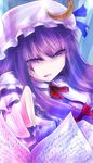  book crescent dress hair_ribbon hat highres long_hair open_mouth patchouli_knowledge purple_eyes purple_hair rasen_(camura) ribbon solo touhou 