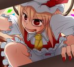  blonde_hair bloomers commentary_request fang fingernails flandre_scarlet from_below glowing glowing_eyes hat iromeki_overdrive nail_polish open_mouth opening pov red_eyes sharp_fingernails short_hair side_ponytail smile solo touhou underwear upskirt wings 