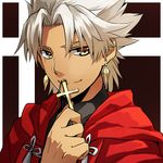  amakusa_shirou_(fate) brown_eyes cross cross_necklace dark_skin dark_skinned_male earrings fate/apocrypha fate_(series) holding_cross jewelry necklace ruchi white_hair 