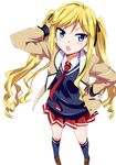  :o blonde_hair blue_eyes blush character_request fang gochou_(atemonai_heya) hair_tucking hand_on_hip highres jacket kneehighs kodoku_no_naka_no_watashi loafers long_hair open_clothes open_jacket open_mouth pleated_skirt school_uniform shoes skirt solo twintails v-shaped_eyebrows 