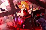  alternate_costume bad_id bad_pixiv_id bai_kongque bare_shoulders bird blonde_hair blood blood_splatter bow breasts butterfly_on_head choker cleavage collarbone cross crow dress fingernails flandre_scarlet flower frills gem hair_ribbon hand_up instrument leaf light_particles looking_at_viewer medium_breasts nail_polish open_hand open_mouth paper piano plant red_eyes red_flower red_rose ribbon rose short_hair side_ponytail solo strapless strapless_dress touhou vines wings 