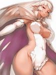  arcana_heart breasts cameltoe cape center_opening cleavage covered_navel covered_nipples dark_skin elbow_gloves elf fumio_(rsqkr) gloves groin large_breasts leotard lips long_hair no_panties parace_l'sia pointy_ears red_eyes revealing_clothes side_slit sideboob simple_background solo thighs white_hair 