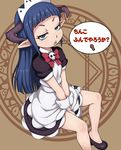  :o bangs bare_legs between_legs blue_eyes blue_hair blunt_bangs bow e10 freckles hand_between_legs horns long_hair looking_at_viewer maid maid_headdress penis pointy_ears shakki solo tanken_driland translated v_arms wrist_cuffs 