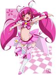  :d adapted_costume boots bow choker cure_happy earrings hair_ornament hoshizora_miyuki jewelry knee_boots long_hair magical_girl midriff namisawa navel open_mouth outstretched_arms pink pink_bow pink_choker pink_eyes pink_hair pink_skirt precure skirt smile smile_precure! solo spread_arms tiara twintails very_long_hair 