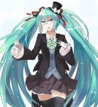  bad_id bad_pixiv_id bespectacled bow bowtie echj glasses gloves green_eyes green_hair hair_ribbon hat hatsune_miku long_hair mini_hat mini_top_hat ribbon skirt solo thighhighs top_hat twintails very_long_hair vocaloid 