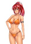  bellows_(suisei_no_gargantia) bikini breasts cleavage covered_nipples hand_on_hip large_breasts long_hair navel red_hair shanaminami simple_background smile solo suisei_no_gargantia swimsuit white_background 