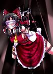  ankle_socks arms_behind_back bdsm black_hair blindfold blush bondage bound bow breasts detached_sleeves gagged hair_bow hair_tubes hakurei_reimu highres large_breasts lilish long_hair rope solo tears touhou vibrator 