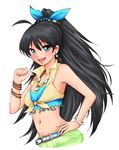  :d antenna_hair belt black_hair blue_eyes blush bow bracelet earrings front-tie_top ganaha_hibiki hair_bow hand_on_hip idolmaster idolmaster_(classic) jewelry long_hair midriff navel necklace open_mouth ponytail saijou_hirokazu simple_background smile solo very_long_hair 