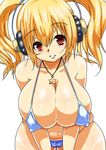  bikini blonde_hair breasts cleavage commentary_request covered_nipples headphones huge_breasts looking_at_viewer micro_bikini navel nitroplus orange_eyes plump short_hair smile solo super_pochaco swimsuit twintails yamaneko_ken 