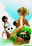  2girls ass ball beachball bel_hydra bikini black_hair blonde_hair blood_lad breasts eyes_closed ghost green_eyes innertube large_breasts looking_at_viewer multiple_girls ocean short_hair swimsuit triangular_headpiece water yanagi_fuyumi 