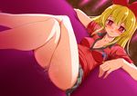  blonde_hair bow couch crossed_legs dokidoki!_precure dutch_angle hair_bow katou_techu legs long_hair looking_at_viewer pink_eyes polo_shirt precure regina_(dokidoki!_precure) sitting smile solo steam sweat 