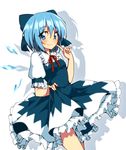  bad_id bad_pixiv_id blue_dress blue_eyes blue_hair bow cirno dress dress_lift hair_bow ice ice_wings looking_at_viewer oniku_(shimofuri-ke) petticoat puffy_sleeves short_sleeves simple_background smile solo touhou white_background wings 