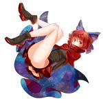  arms_behind_back blush bobomaster boots bottomless bow cape dress hair_bow hands_clasped highres long_sleeves no_panties own_hands_together red_eyes red_hair sekibanki short_hair solo touhou 