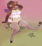  bra breasts brown_fur brown_hair clothed clothing cloven_hooves female fur hair hair_over_eye hooves horn hybrid leggings legwear mammal membranous_wings overweight overweight_female pig pig_(artist) pocrine porcine purple_eyes quillow_(pig) sitting smile thigh_highs tusks tutu underwear wavy_hair wings 