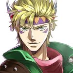  blonde_hair caesar_anthonio_zeppeli facial_mark green_eyes green_jacket headband jacket jojo_no_kimyou_na_bouken lowres male_focus ruchi solo 