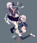  bad_id bad_pixiv_id bangs bare_legs black_footwear black_gloves black_legwear blunt_bangs boots braid bullet copyright_name danganronpa danganronpa_1 dress_shirt gloves grey_background grey_hair hair_ornament hair_ribbon hairclip hood hoodie jacket kirigiri_kyouko long_hair looking_at_viewer mary_janes multiple_girls nanami_chiaki necktie pink_eyes pleated_skirt pointing purple_eyes purple_hair ribbon shikimi_(yurakuru) shirt shoes short_hair simple_background single_braid skirt smile super_danganronpa_2 thighhighs zipper 