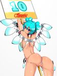  aqua_hair ass blue_eyes breasts haruhisky hatsune_miku highres looking_back mechanical_wings nipples placard race_queen short_hair sign solo tan tanline topless vocaloid wings 
