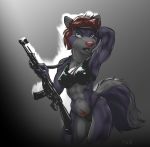  abs anthro arms_above_head assault_rifle biceps bikini breasts canid clothed clothing dog_tags female generic_anthro gun hair headband mammal marsonaut muscular muscular_female pinup pose pubes ranged_weapon red_hair revealing_(disambiguation) rifle skimpy swimsuit tuft weapon 