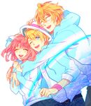  2boys blonde_hair blue_eyes blush closed_eyes glasses group_hug hat hood hoodie hug hug_from_behind karuha kurusu_shou multiple_boys nanami_haruka one_eye_closed pink_hair shinomiya_natsuki short_hair smile uta_no_prince-sama 