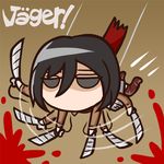  black_eyes black_hair blood chibi dual_wielding holding jacket lowres mikasa_ackerman n-master scarf shingeki_no_kyojin short_hair simple_background solo sword three-dimensional_maneuver_gear weapon 