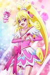  :d aida_mana arm_warmers asymmetrical_clothes bike_shorts blonde_hair bow cure_heart curly_hair dokidoki!_precure earrings half_updo happy heart jewelry long_hair lunarclinic magical_girl open_mouth pink_bow pink_eyes pink_sleeves ponytail precure ribbon sharuru_(dokidoki!_precure) shorts shorts_under_skirt skirt smile solo 