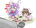  ... 2girls anger_vein angry animal_ears brown_eyes brown_hair bunny_ears bunny_tail commentary_request evil_grin evil_smile famicom game_console grin inaba_tewi long_hair multiple_girls purple_hair reisen_udongein_inaba shinapuu smile tail tears television touhou trolling 