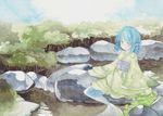  animal_ears blue_eyes blue_hair boulder forest head_fins highres japanese_clothes lake long_sleeves mermaid monster_girl nature nemi_(caprainl) obi sash short_hair smile solo touhou traditional_media tree wakasagihime water wide_sleeves 