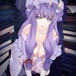  bad_id bad_pixiv_id bare_shoulders book breasts cleavage crescent hat large_breasts lips long_hair looking_at_viewer patchouli_knowledge purple_eyes purple_hair solo touhou yoi_tosui 