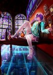  absurdres bbkid bottle cityscape cup dated drinking_glass foreshortening glass_floor hairband heart high_heels highres holding komeiji_satori leg_up light_smile looking_at_viewer pink_eyes purple_hair shoes signature solo stained_glass table thighhighs touhou white_legwear wine_glass 